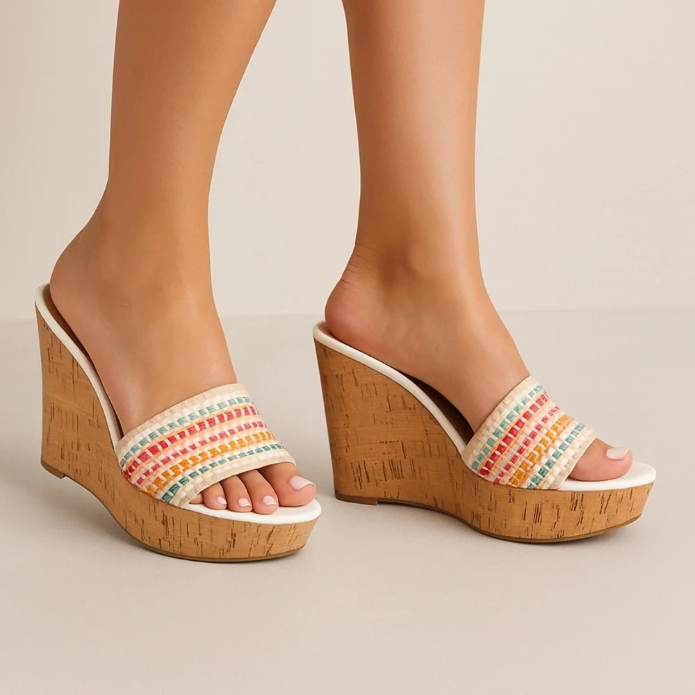 Veronica Beard Rainbow Raffia Cork Wedge Platform Sandals Size 8 New Vacation